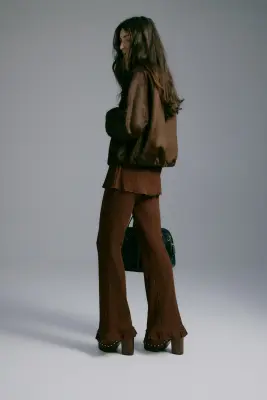 Pantalon évasé en maille côtelée - Marron — photo 1