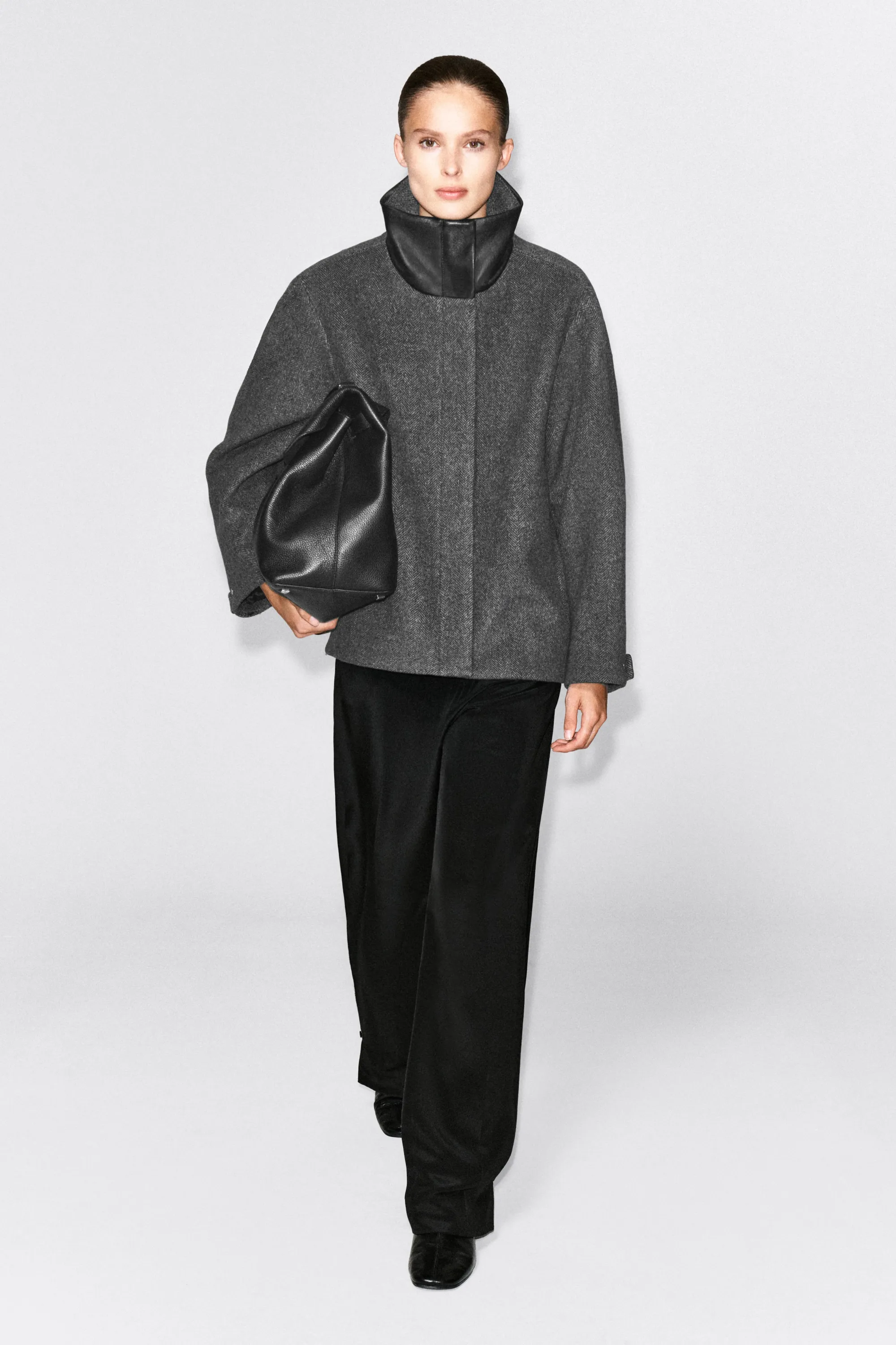 VESTE OVERSIZE EN LAINE À CHEVRONS ET COL EN CUIR - NOIR / CHEVRONS