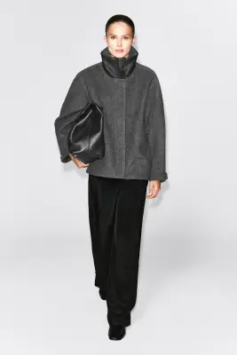 VESTE OVERSIZE EN LAINE À CHEVRONS ET COL EN CUIR - NOIR / CHEVRONS — photo 1