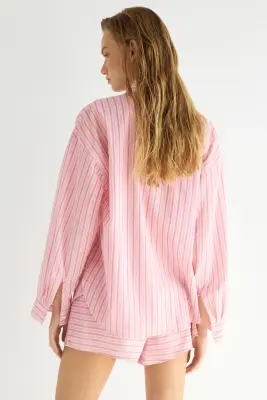 Chemise de plage en coton - Rose/rayé — photo 4