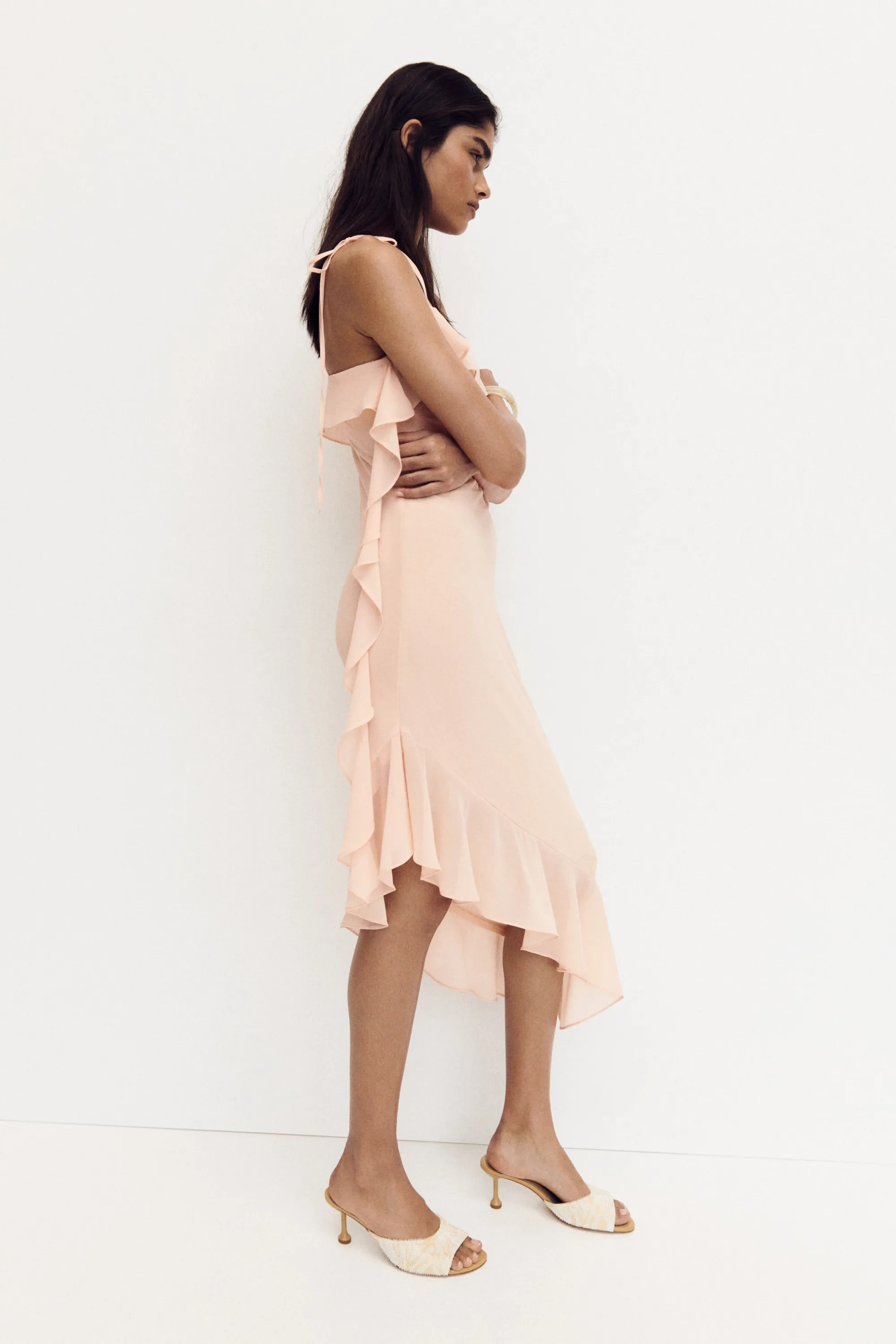 Robe volantée avec bretelles à nouer - Rose pêche clair