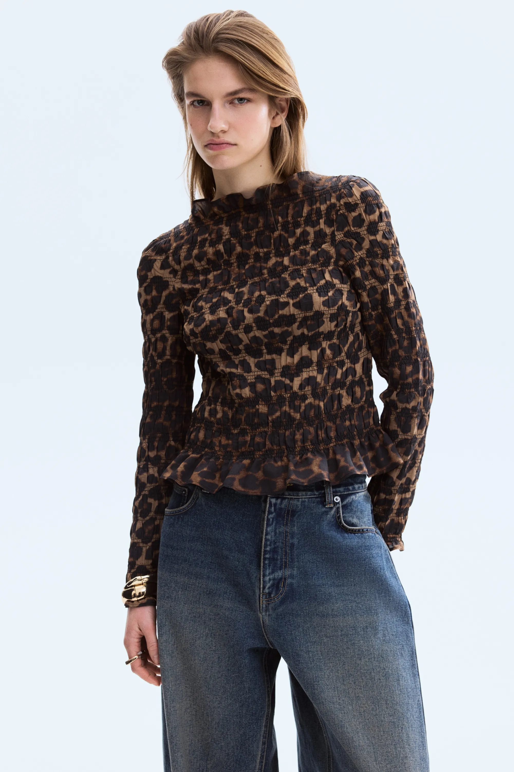 Top smocké - Beige/imprimé léopard