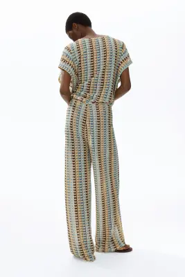 Pantalon évasé à taille élastique - Beige clair/motif — photo 3