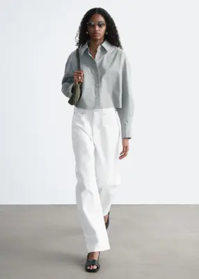 Chemise courte oversize en coton - Beige/Rayures bleues — photo 3