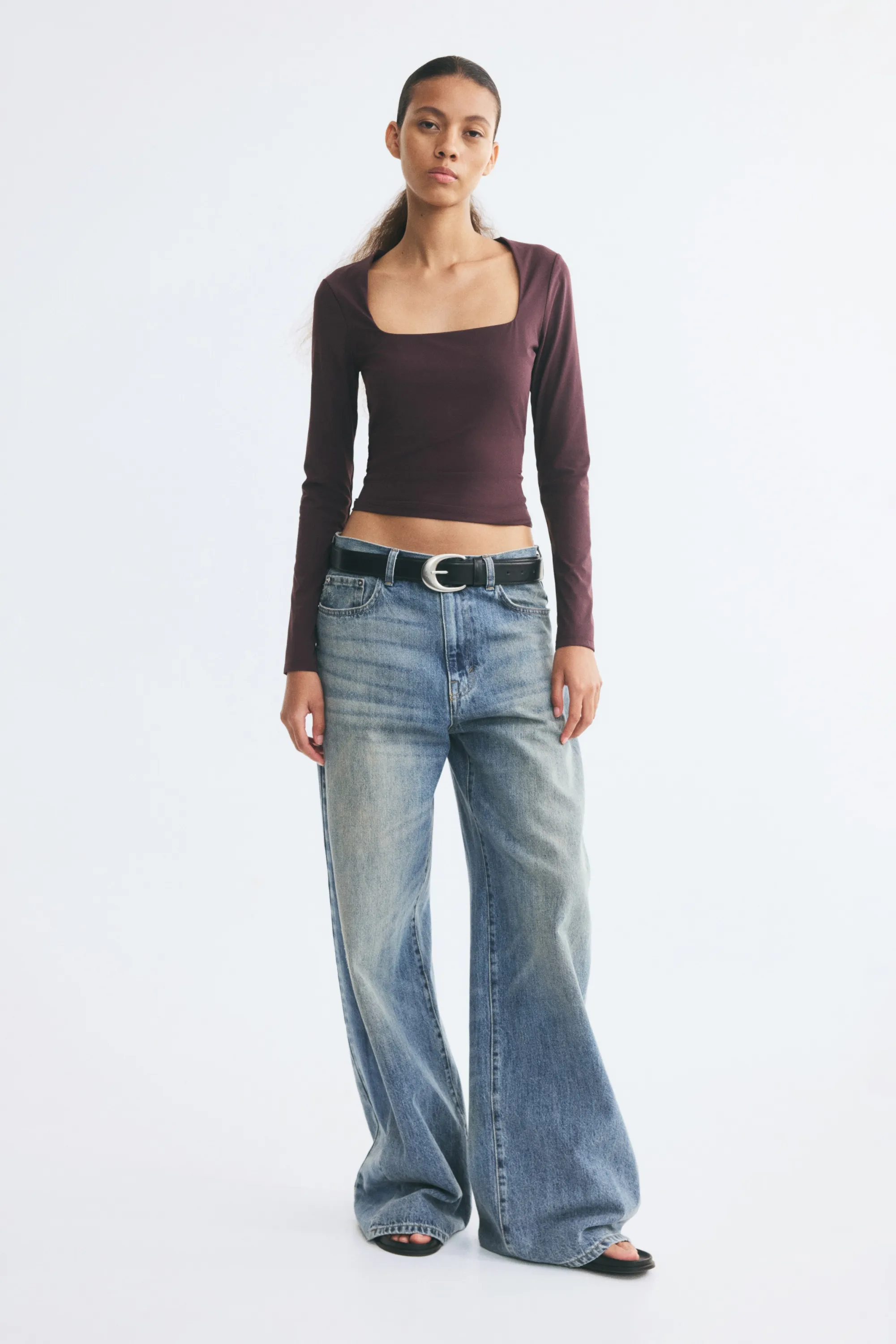 Top en jersey avec encolure carrée - Rouge prune