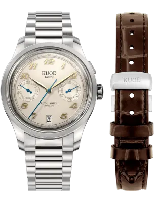 KUOE ROYAL SMITH 90-010 IVORY X VERTICAL BRUSHED DIAL / FLAT-LINK BRACELET / EXHIBITION CASEBACK — photo 1