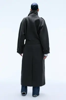 Manteau croisé ceinturé en mélange de laine - Gris foncé chiné — photo 4