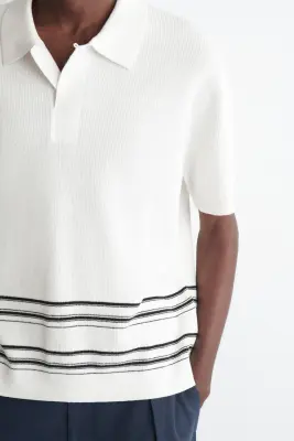 POLO RAYÉ EN MAILLE DE COTON ET LIN - CRÈME / RAYURES — photo 3
