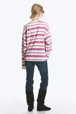 T-shirt en coton à manches longues - Blanc rayé/rose — photo 2