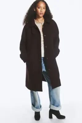 Manteau à col cheminée en mélange de laine - Marron foncé — photo 2