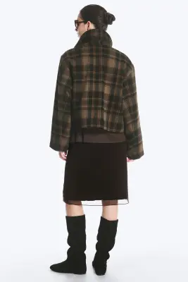 Veste zippée carrée courte - Carreaux marron foncé — photo 3