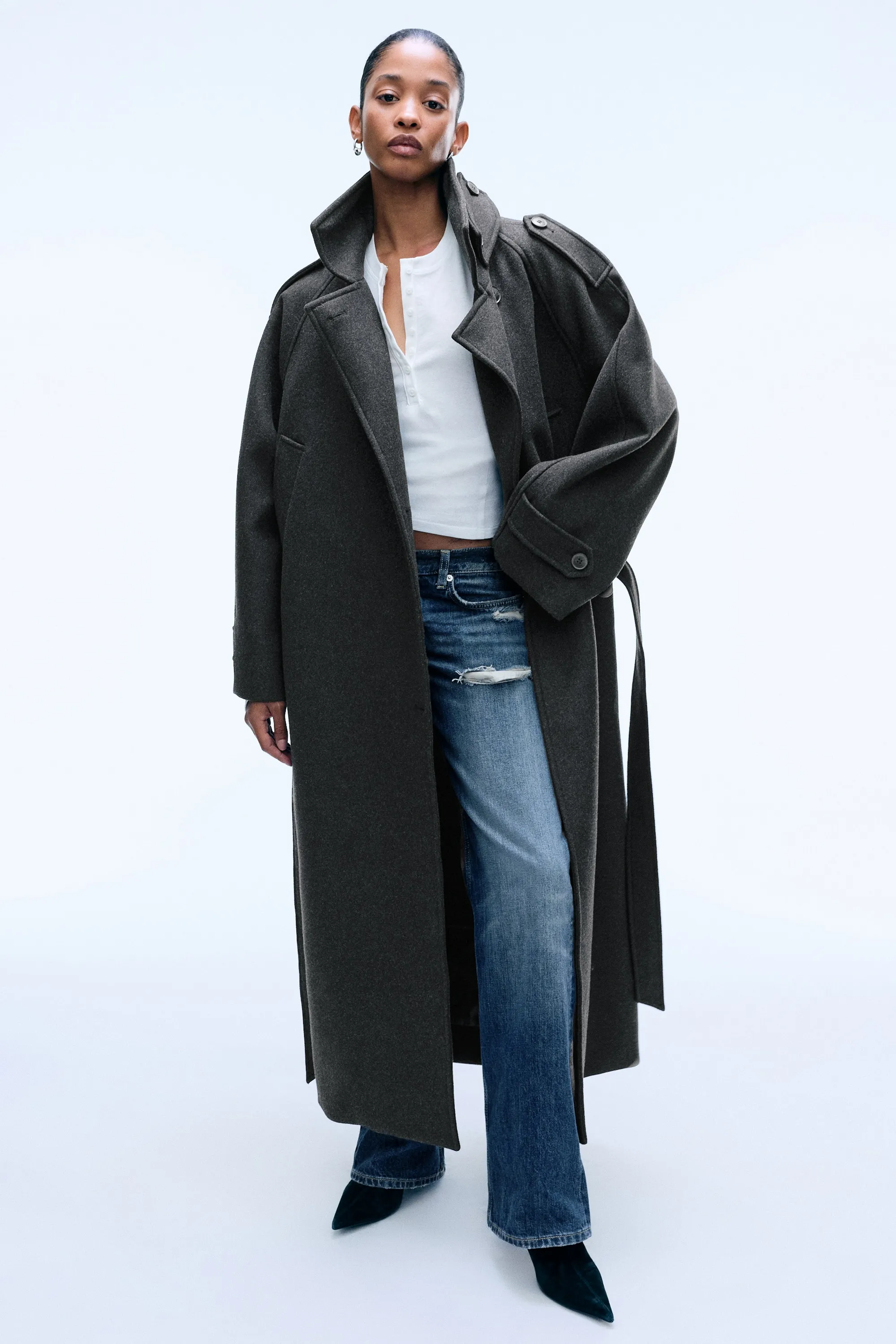 Manteau croisé ceinturé en mélange de laine - Gris foncé chiné