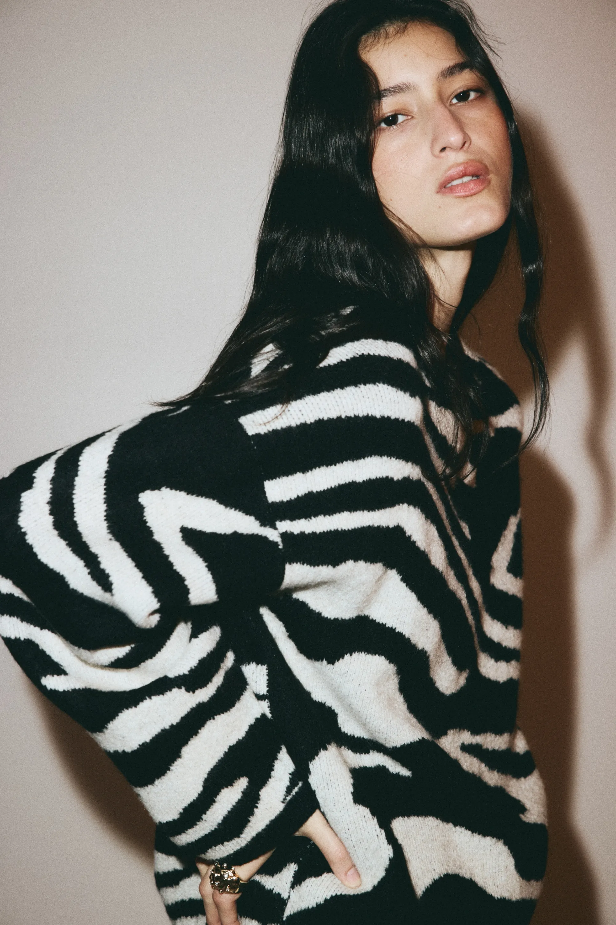 Pull en maille jacquard - Noir/motif zébré