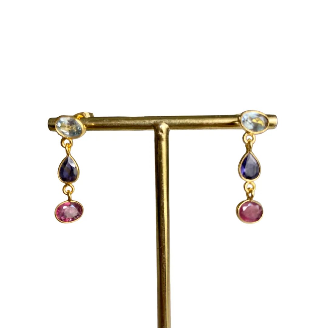 Boucles d'oreilles Priya Topaze bleu, iolite et tourmaline - Diaperis