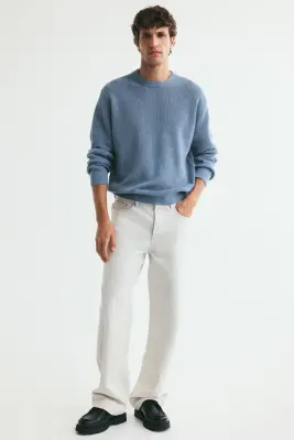 Pull Regular Fit en maille de coton côtelée - Bleu moyen — photo 2