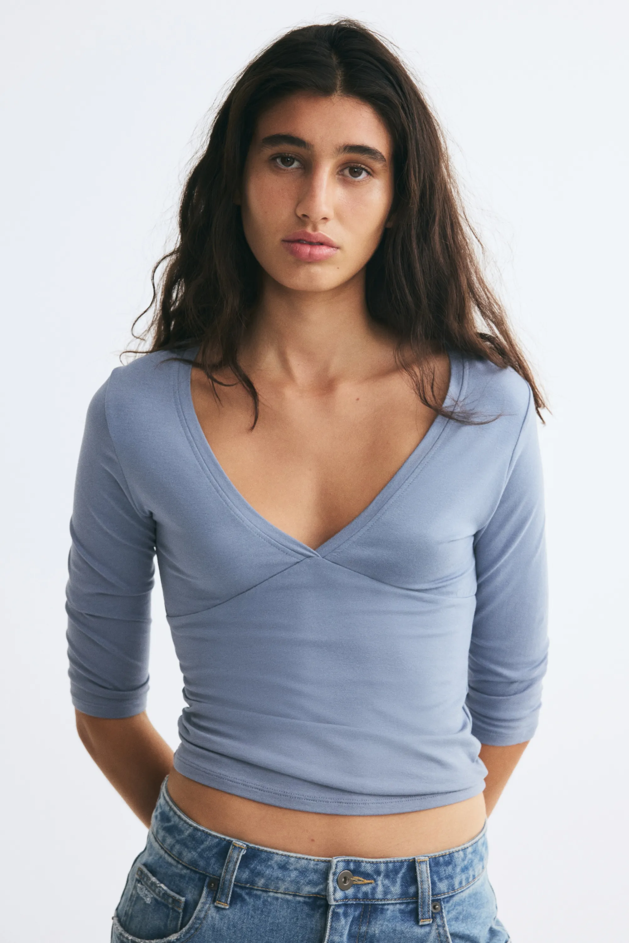 Top à encolure en V en viscose - Bleu ancien