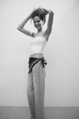 Straight High Waist Jeans avec foulard - Bleu denim clair/bleu marine — photo 3