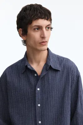 Chemise Relaxed Fit en coton - Bleu foncé/carreaux — photo 2