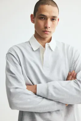 Relaxed Fit Cotton rugby shirt - Gris clair chiné/blanc — photo 1