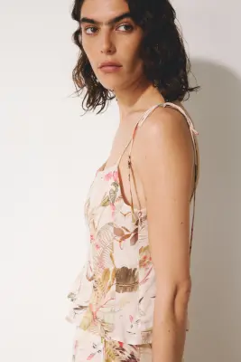 Top en viscose mélangée avec bretelles à nouer - Rose pêche clair/fleuri — photo 3