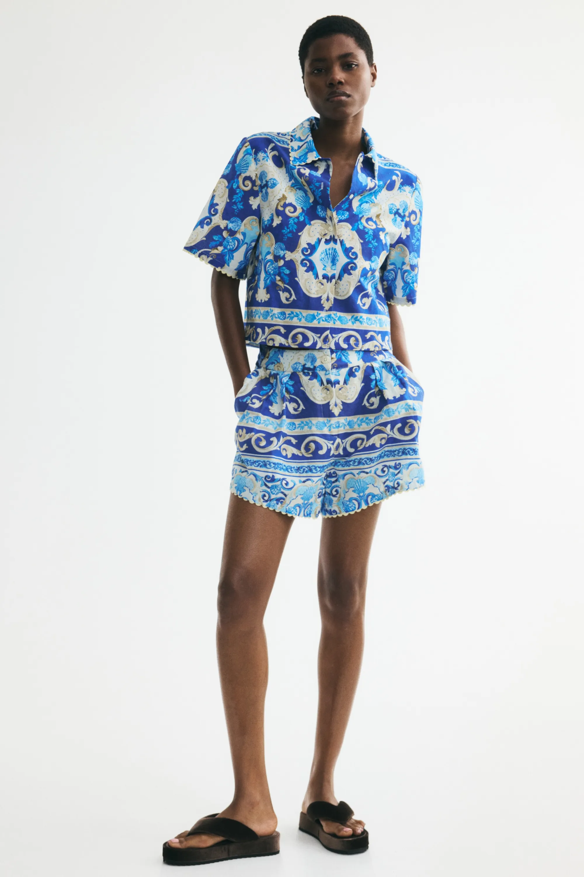Chemise à motif en lin mélangé - Bleu/motif