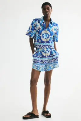 Chemise à motif en lin mélangé - Bleu/motif — photo 1