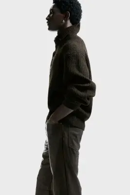 Pantalon Relaxed Fit en tissu enduit - Marron — photo 3