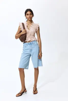 Blouse sans manches smockée - Beige clair/fleuri — photo 1