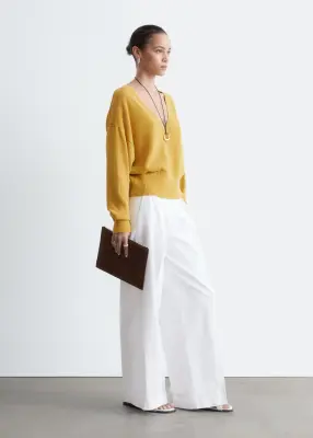 Pull en coton à col en V - Moutarde — photo 3