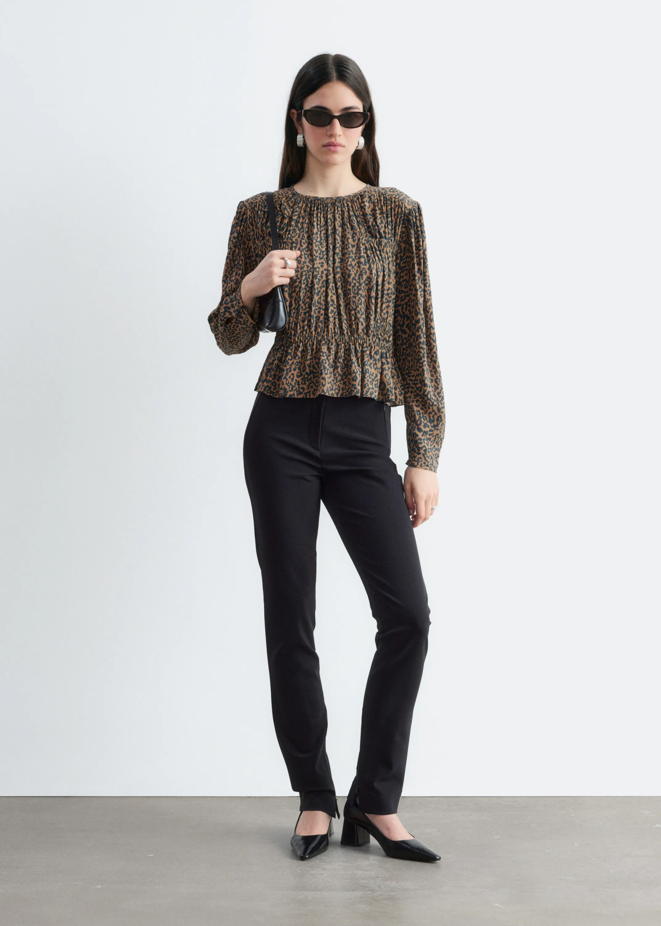 Blouse à smocks - Beige/Imprimé léopard