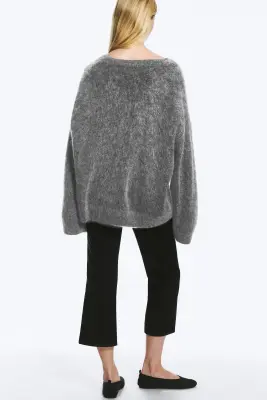 Pull col en V mélangé mohair - Gris foncé chiné — photo 3