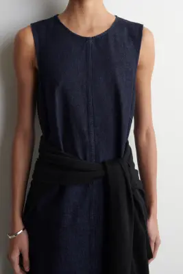 ROBE MIDI TRAPÈZE EN DENIM - BLEU ENCRE — photo 2