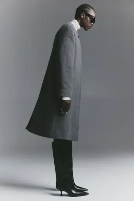 Manteau en laine mélangée avec écharpe - Gris foncé chiné — photo 4