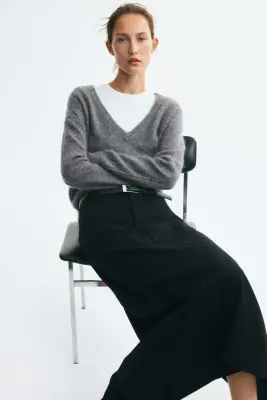 Pull en laine avec encolure en V - Gris foncé — photo 1