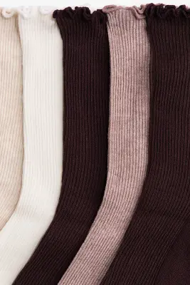 Lot de 5 paires de chaussettes en maille côtelée - Beige chiné/bordeaux — photo 2