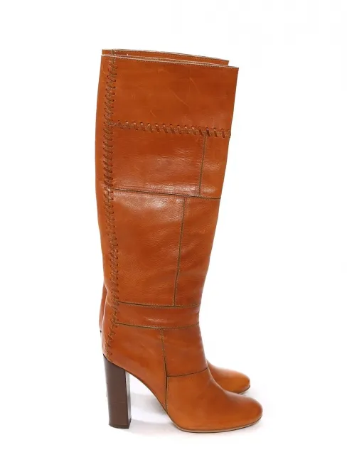 Bottes hautes à talon bois en patchwork de cuir camel tressé Prix boutique 1000€ Taille 36,5