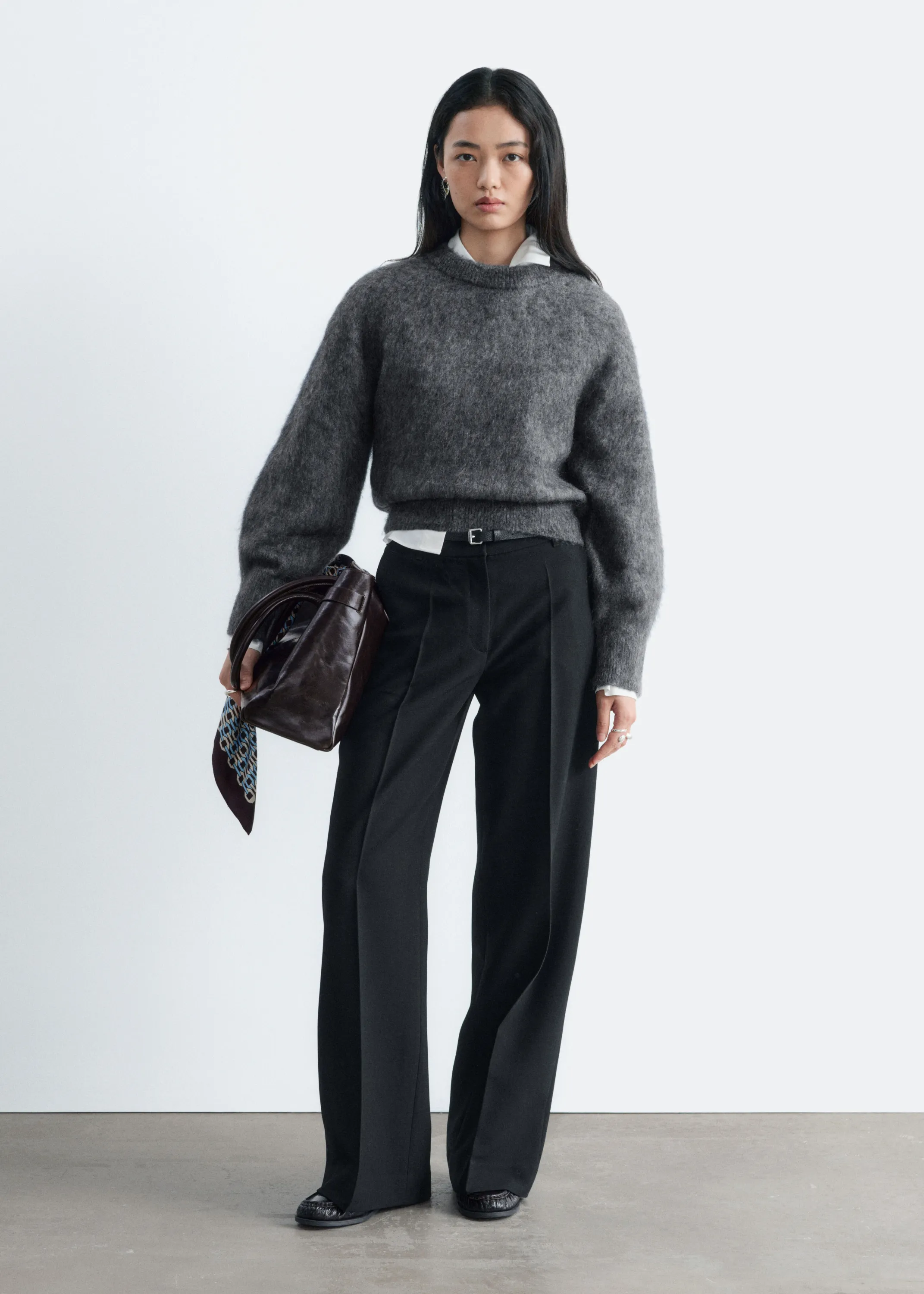 Pull en mohair mélangé à manches bouffantes - Gris chiné foncé