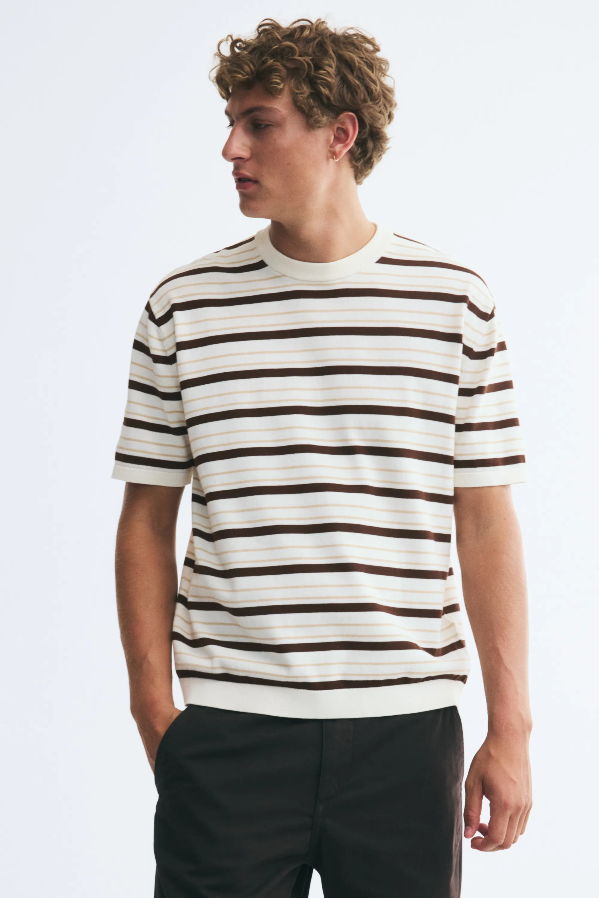 T-shirt Relaxed Fit en maille - Crème/rayé