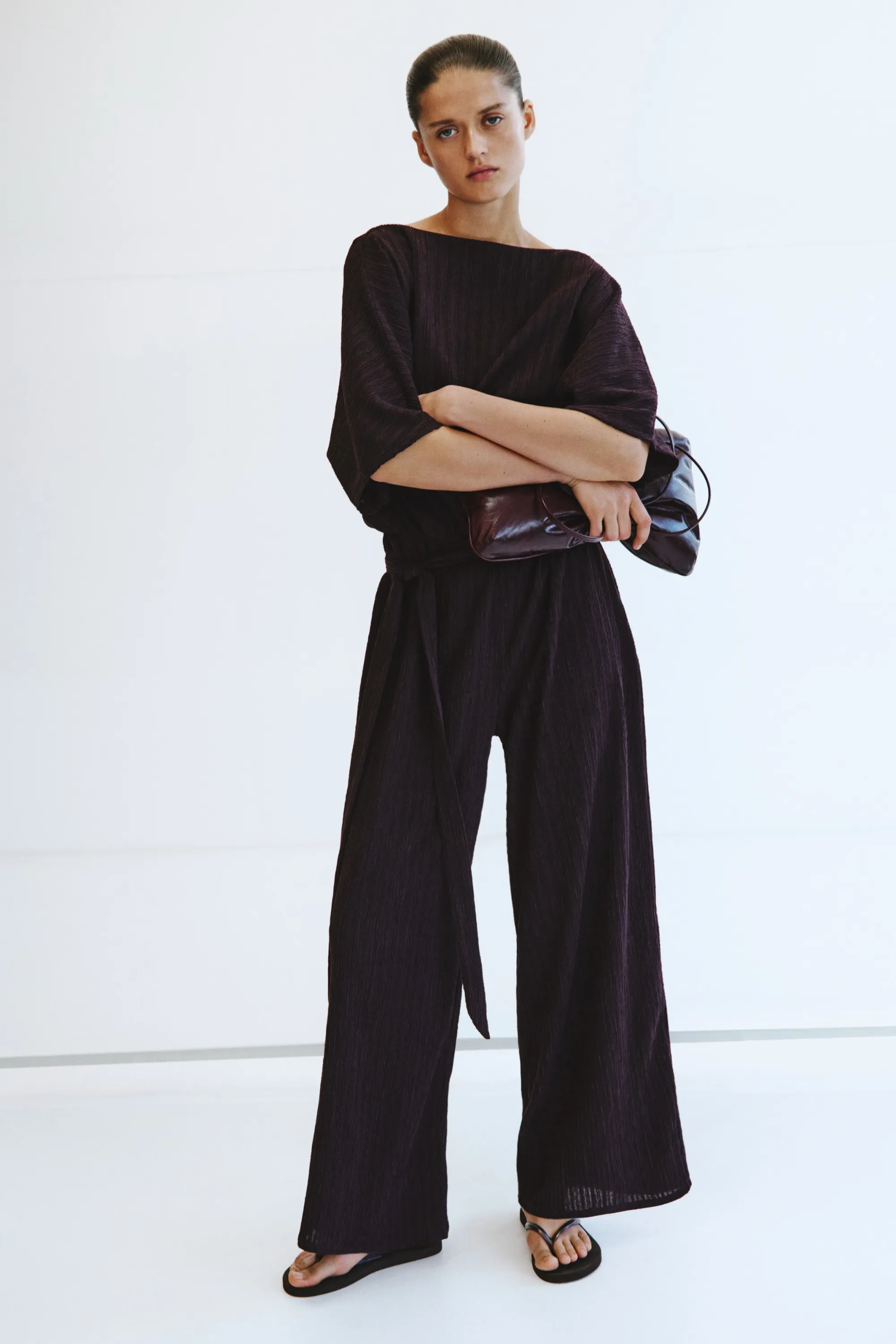 Combi-pantalon en jersey texturé - Violet prune foncé