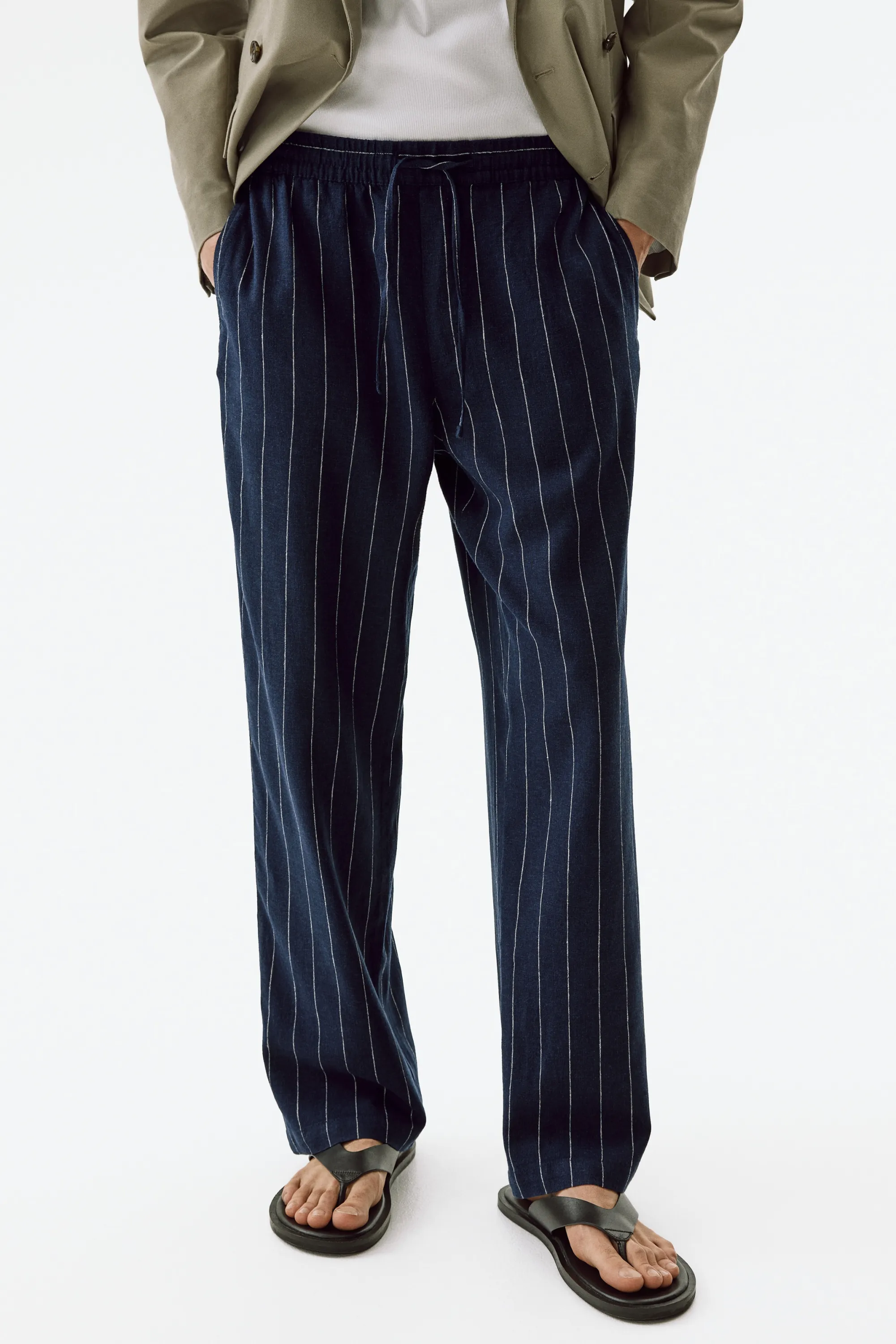 Pantalon Relaxed Fit en lin mélangé - Bleu marine/rayé