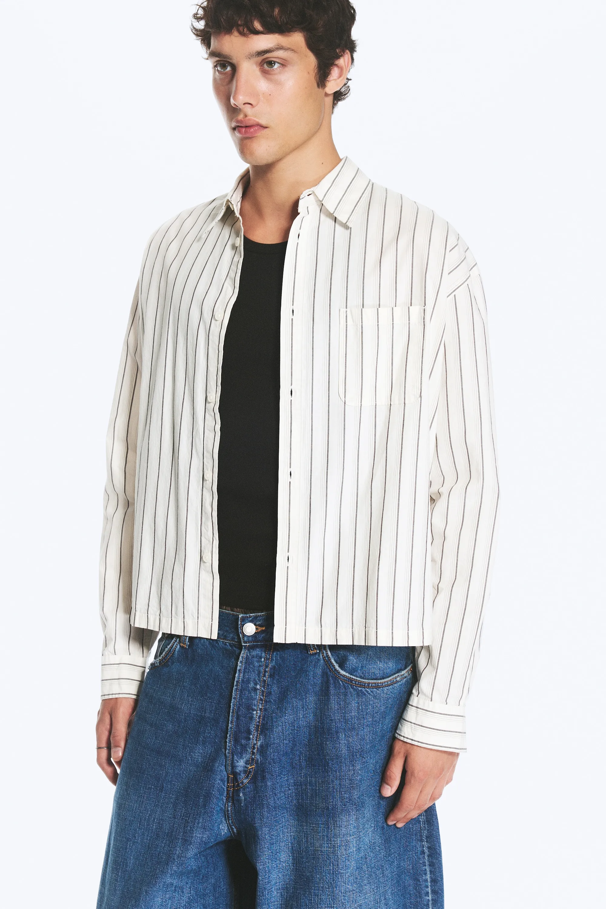 Chemise carrée décontractée en popeline - Blanc rayé