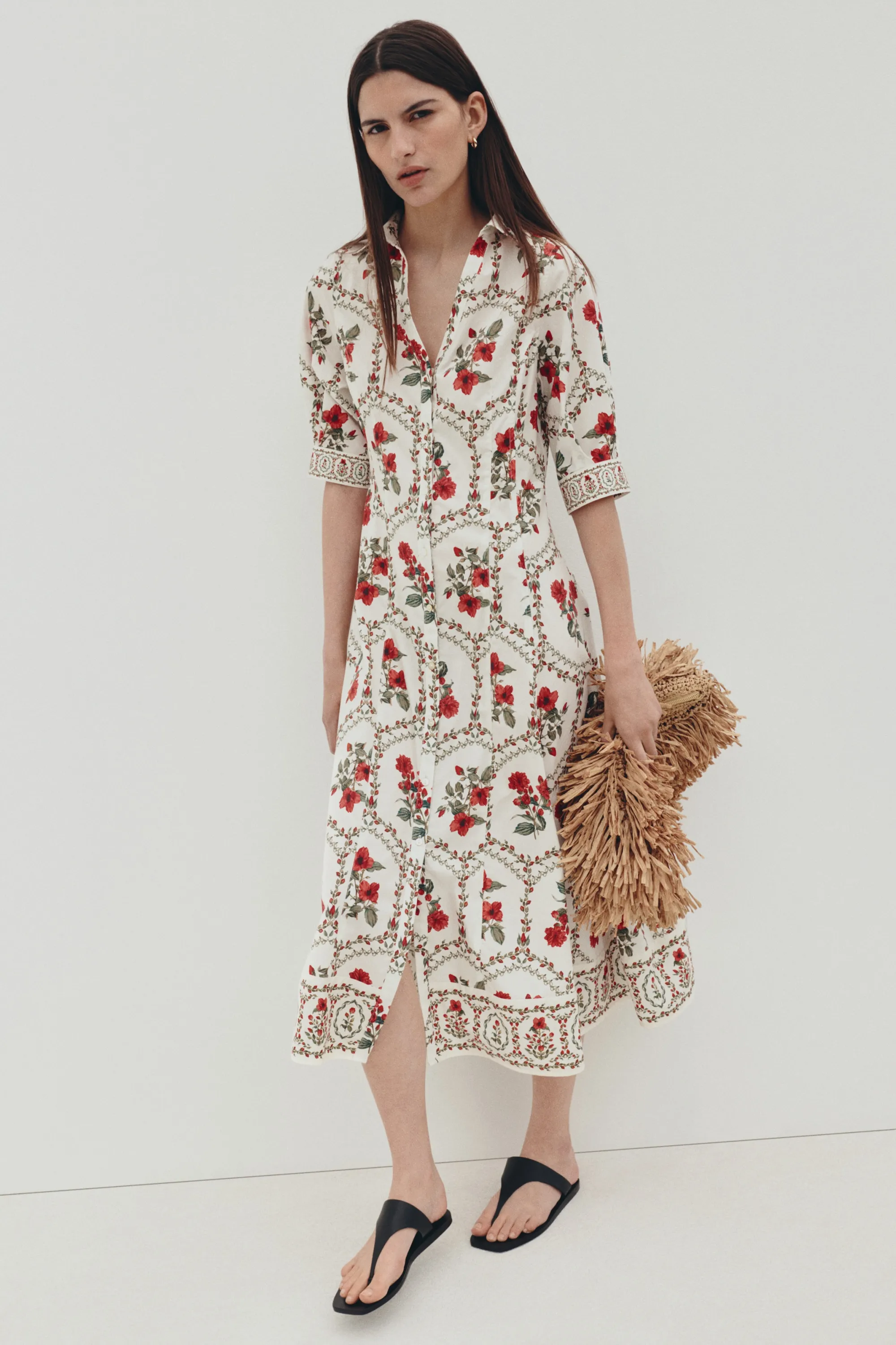 Robe chemise en popeline - Crème/fleuri