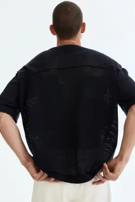 T-shirt boxy Relaxed Fit en maille ajourée - Bleu marine — photo 3