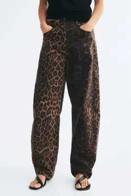 Pantalon barrel en velours - Marron foncé/imprimé léopard — photo 1