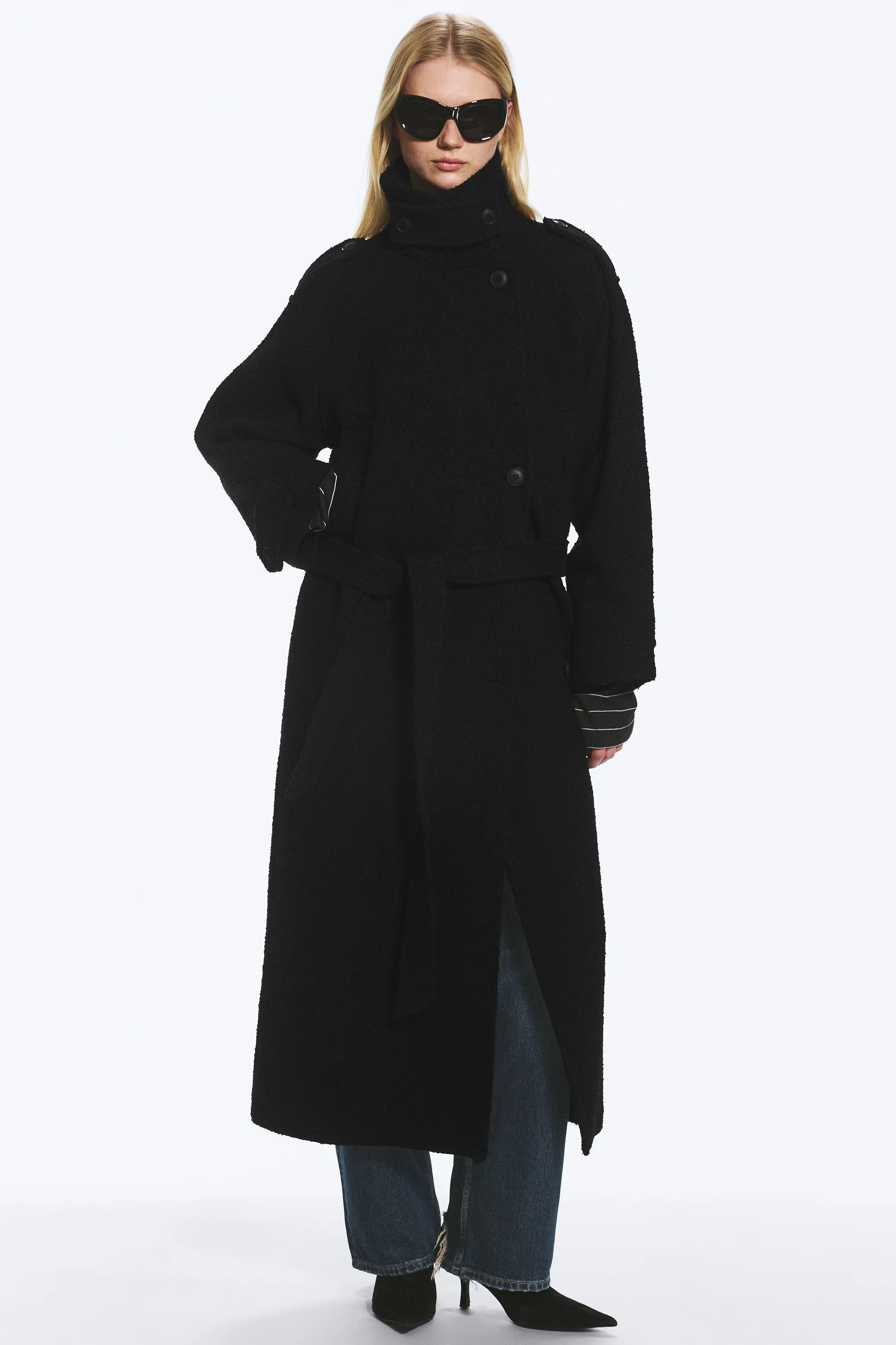 Manteau croisé ceinturé en mélange de laine - Noir - Chevrons