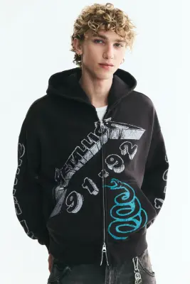 Veste imprimée Oversized Fit avec capuche et zip - Noir/Metallica — photo 1