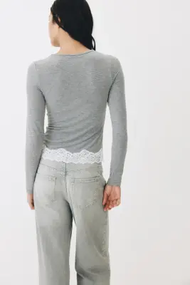 Top en jersey avec dentelle - Gris chiné — photo 1
