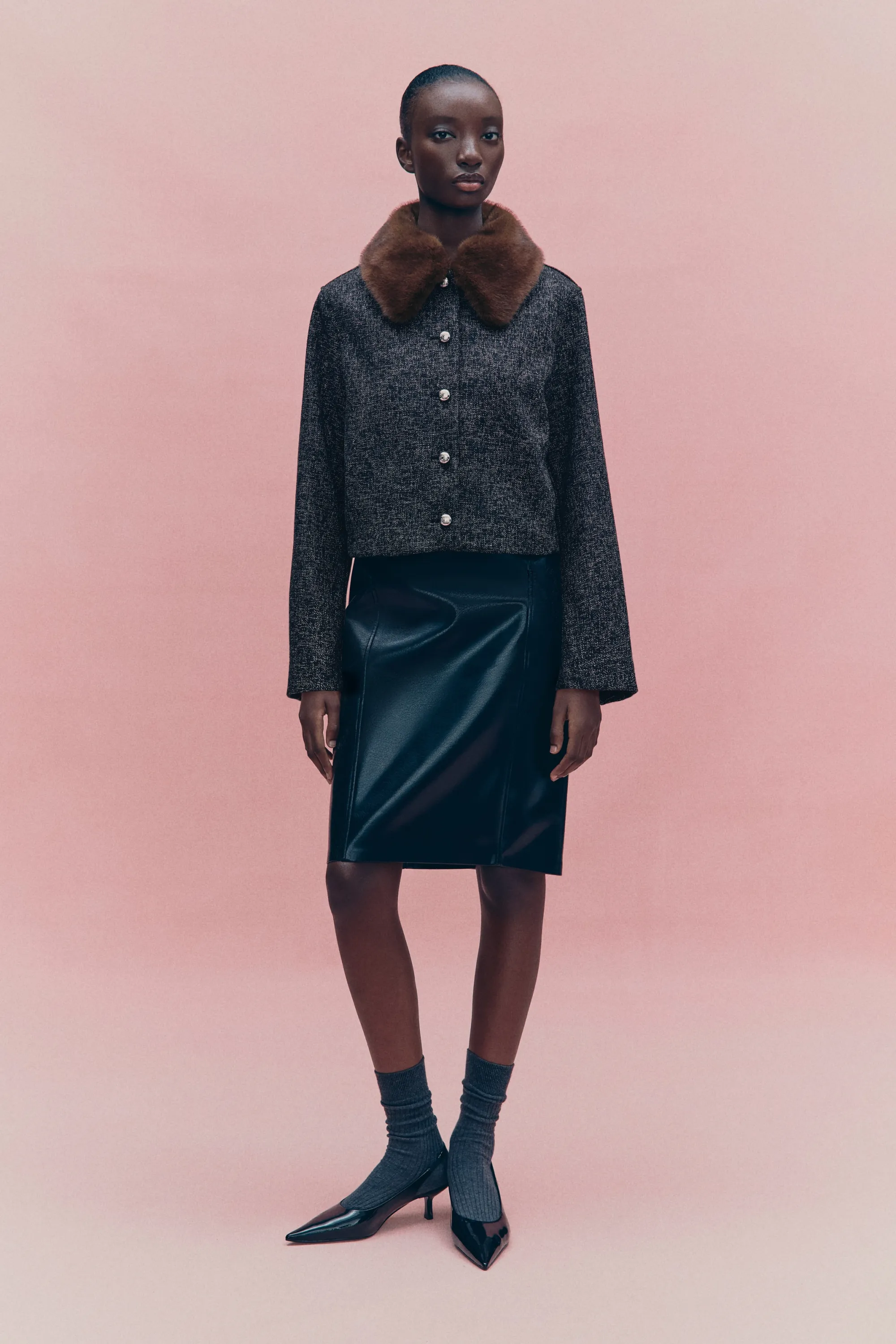 Veste en bouclette avec col - Noir chiné
