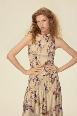 Top smocké - Beige clair/fleuri — photo 1