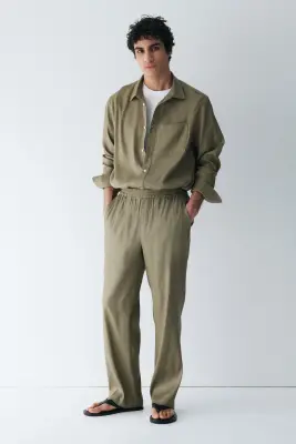 Pantalon Easy-care Loose Fit en lin mélangé - Vert kaki clair — photo 3
